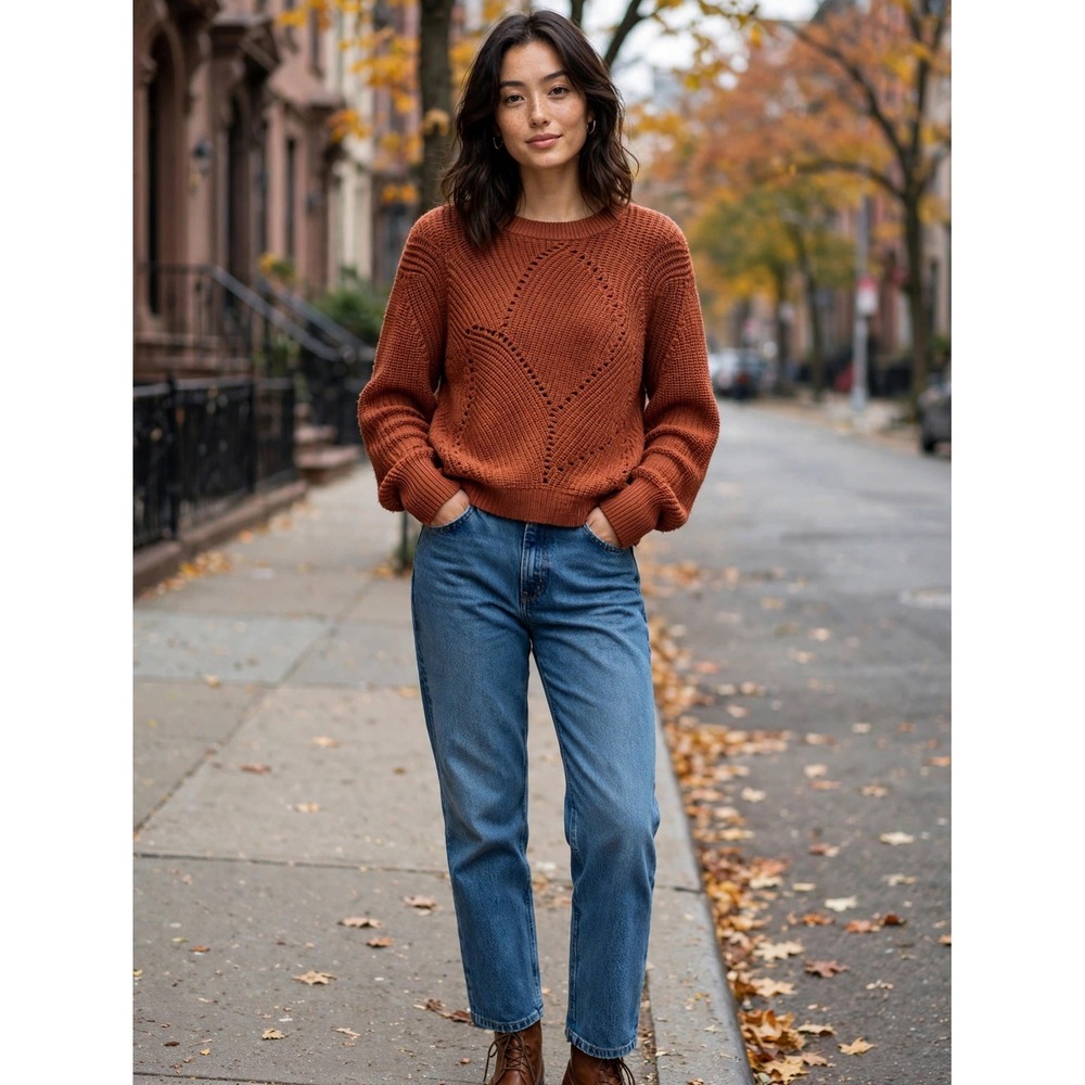 Wilfred Aritzia Merino Wool Shaker Stitch Pointelle Sweater Rust Orange Small